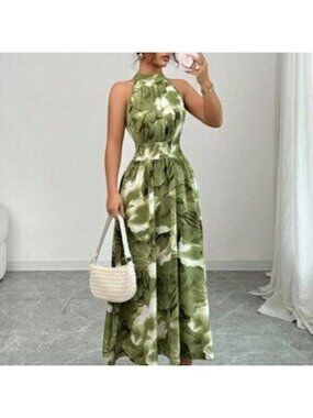 Olive Green Boho Women's Tie Dye Print Sleeveless Halter Waist Tie A-Line Dress